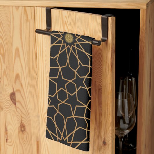 モロッコモダン金ゴールド黒パタ地中海のーン キッチンタオル (三つ折り)