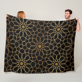 モロッコモダン金ゴールド黒パタ地中海のーン フリースブランケット