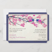モロッコ写真ピンクのネイビーラブバードさくらんぼ花 招待状 (裏面)