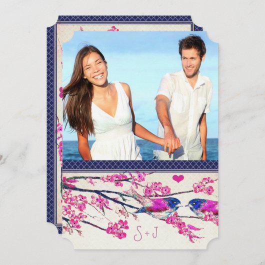 モロッコ写真ピンクのネイビーラブバードさくらんぼ花 招待状 (正面/裏面)