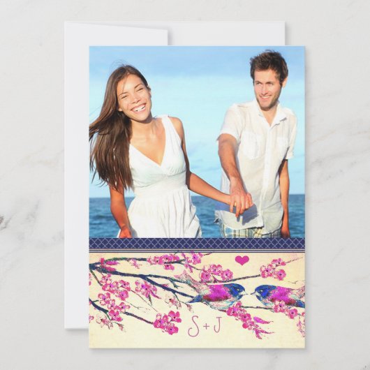 モロッコ写真ピンクのネイビーラブバードさくらんぼ花 招待状 (正面)