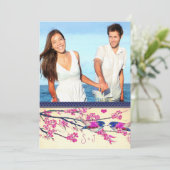 モロッコ写真ピンクのネイビーラブバードさくらんぼ花 招待状 (スタンド正面)