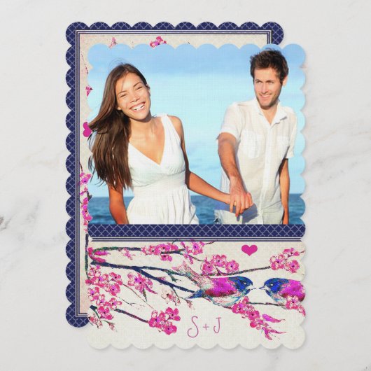 モロッコ写真ピンクのネイビーラブバードさくらんぼ花 招待状 (正面/裏面)