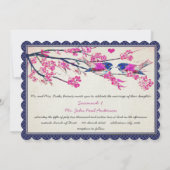 モロッコ写真ピンクのネイビーラブバードさくらんぼ花 招待状 (裏面)