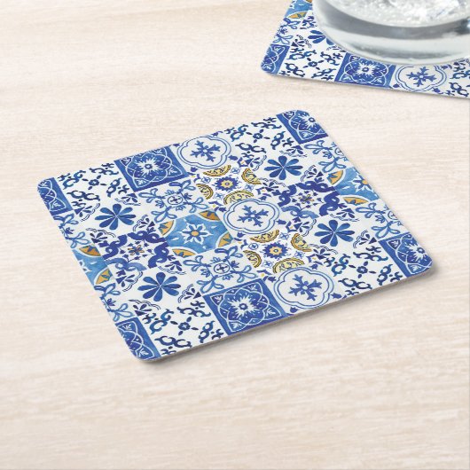 モロッコ地中海のモザイクタイル青い黄色 スクエアペーパーコースター (アングル)