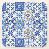 モロッコ地中海のモザイクタイル青い黄色 スクエアペーパーコースター (正面)