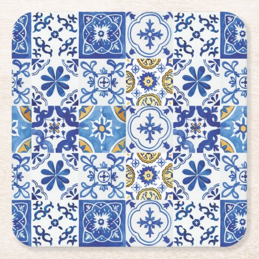 モロッコ地中海のモザイクタイル青い黄色 スクエアペーパーコースター (正面)