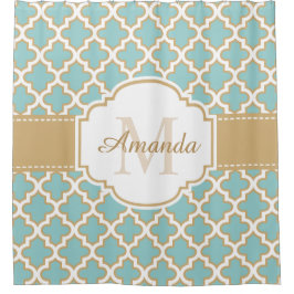 モロッコ格子モノグラムエレガント金ゴールドティール(緑がかった色)ブルー シャワーカーテン