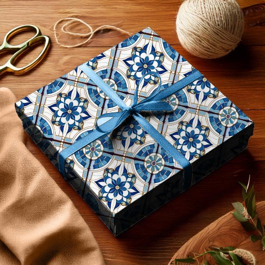 モロッコ華美タイルのパターン#4青い白ID1078 ラッピングペーパー