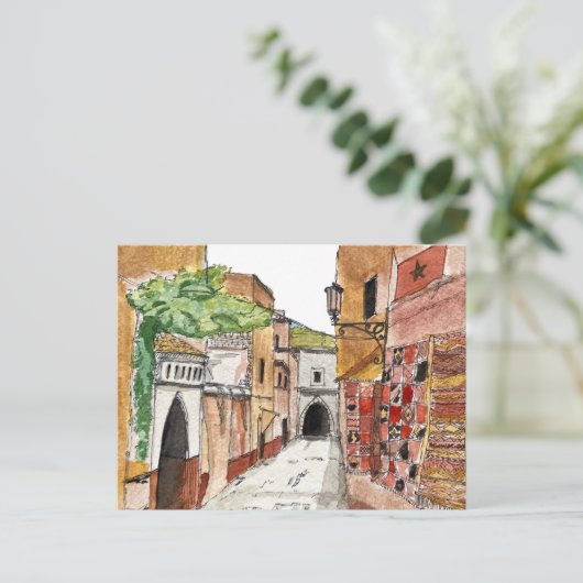 モロッコ赤オレンジ色の都市の水の色イラストレーション ポストカード (スタンド正面)