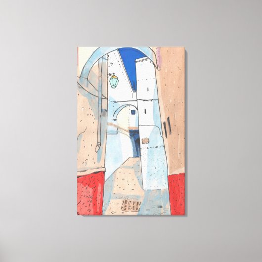 モロッコ通り街並み紙コラージュスケッチアート キャンバスプリント (正面)