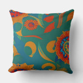 モロッコ金ゴールド赤オレンジティール（緑がかった色）ブルーリーフマンデラ クッション (正面)