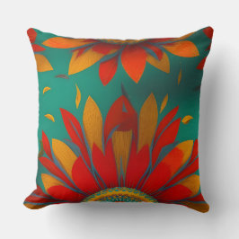 モロッコ金ゴールド赤オレンジティール（緑がかった色）青い花 クッション