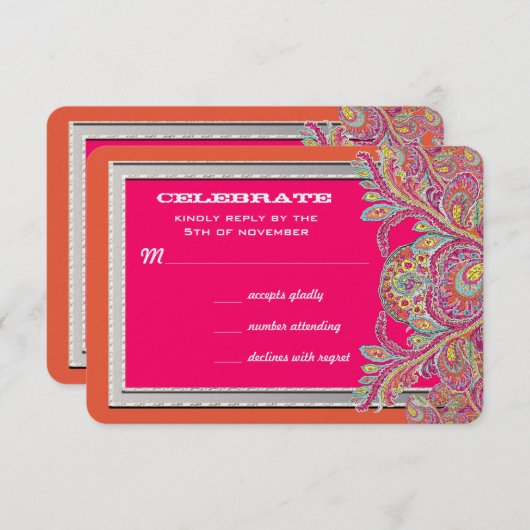 モロッコ風のタンジェリンとフューシャの結婚式招待状 招待状 (正面/裏面)