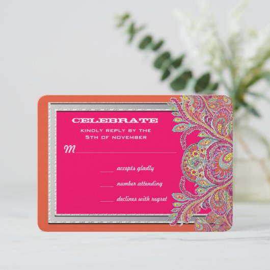 モロッコ風のタンジェリンとフューシャの結婚式招待状 招待状 (スタンド正面)