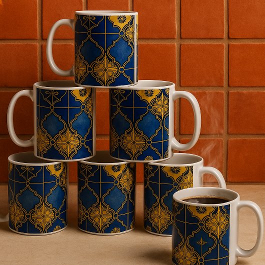 モロッコ風モーア調の上品なブルーとゴールドのデザイン コーヒーマグカップ