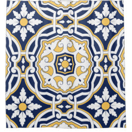 モロッコ鮮やかな青の黄色の複雑な幾何学的 シャワーカーテン