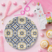 モロッコ鮮やかな青の黄色の複雑な幾何学的 ペーパープレート (パーティー)