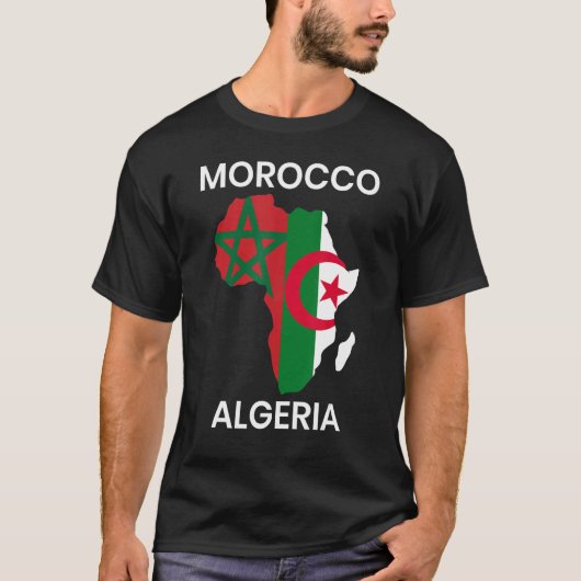 モロッコ・アルジェリア国旗とアフリカの地図 Tシャツ (正面)