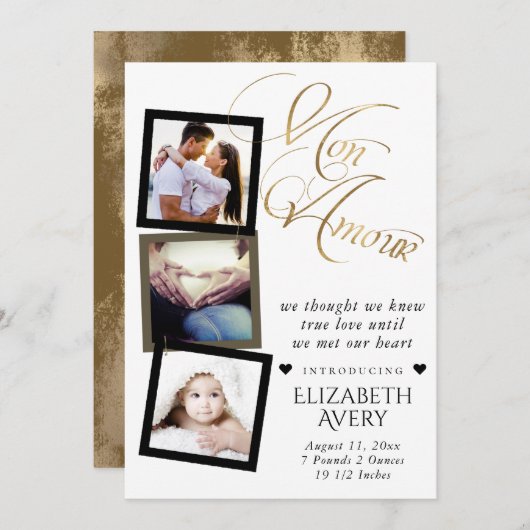 モンアムール |金ゴールドホイグランジルベビー誕生3写真 案内状 (正面/裏面)