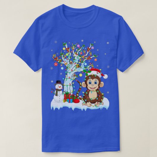 モンキーおもしろいクリスマスツリー照明サンタハットモンキーC Tシャツ (デザイン正面)