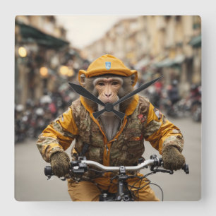 モンキーおもしろいサイクリングウォールクロック スクエア壁時計