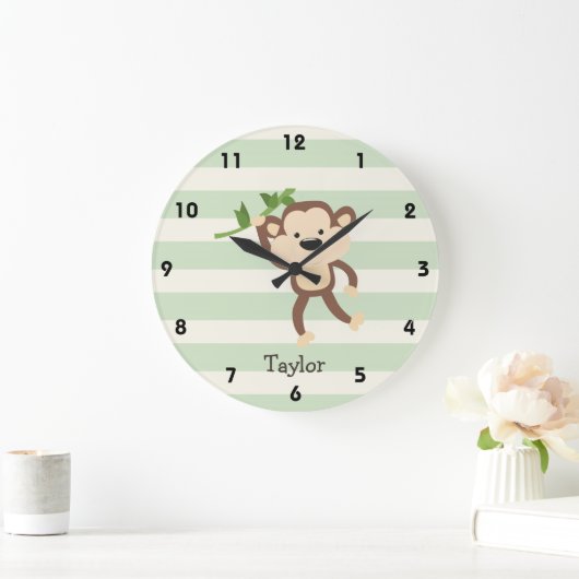 モンキーオンパステルグリーンストライプ ラージ壁時計 (ホーム)