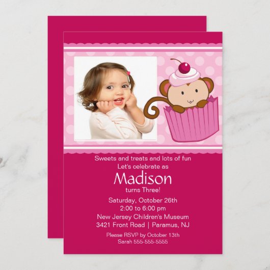 モンキーカップケーキフォト誕生日招待状 招待状 (正面/裏面)