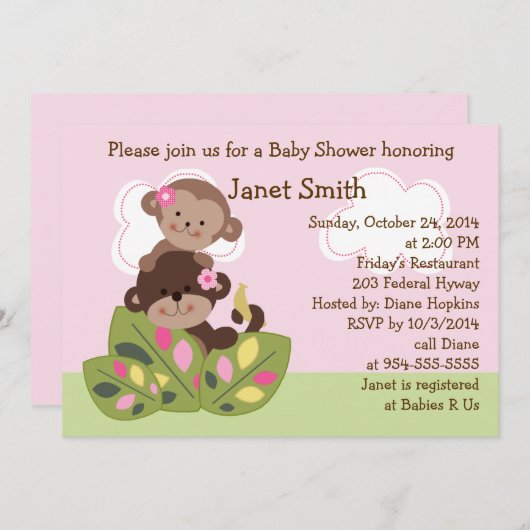 モンキーガールズシスタズベビーシャワー招待状 招待状 (正面/裏面)