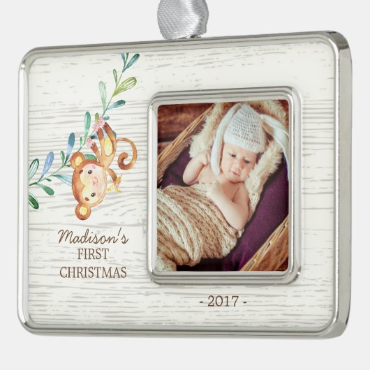 モンキーガールズベビー初めてのクリスマス写真オーナメント シルバープレートフレームオーナメント (左)