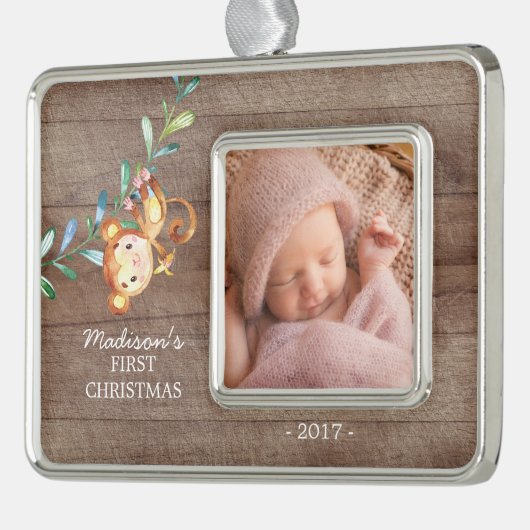 モンキーガールズベビー初めてのクリスマス写真オーナメント シルバープレートフレームオーナメント (左)