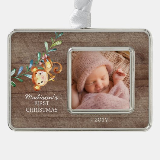 モンキーガールズベビー初めてのクリスマス写真オーナメント シルバープレートフレームオーナメント (正面)