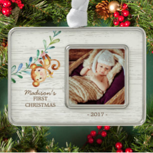 モンキーガールズベビー初めてのクリスマス写真オーナメント シルバープレートフレームオーナメント