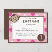 モンキーガールピンク誕生日招待状4.25インチx 5.5 招待状 (正面/裏面)