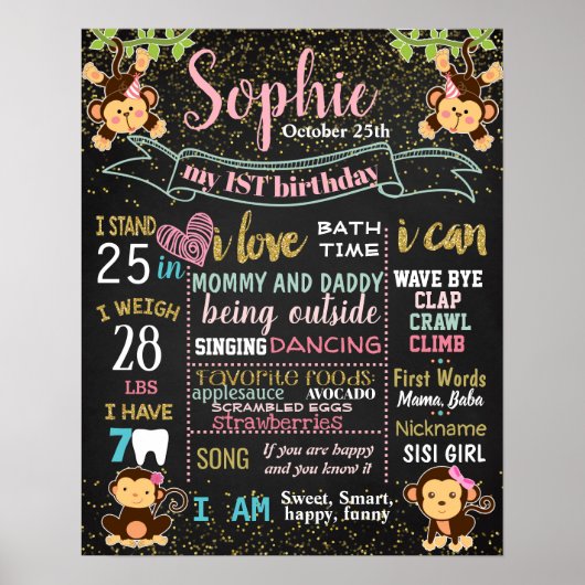 モンキーガール最初の誕生日の黒板の看板 ポスター (正面)