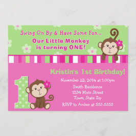モンキーガール1st誕生日招待状5x7カード 招待状