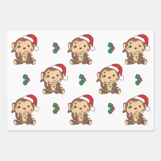 モンキークリスマスウィンターアニマルズホリデーモンキー ラッピングペーパーシート (正面2)