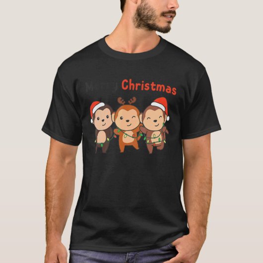 モンキークリスマスクリスマスツリー動物かわいいモンケ Tシャツ (正面)