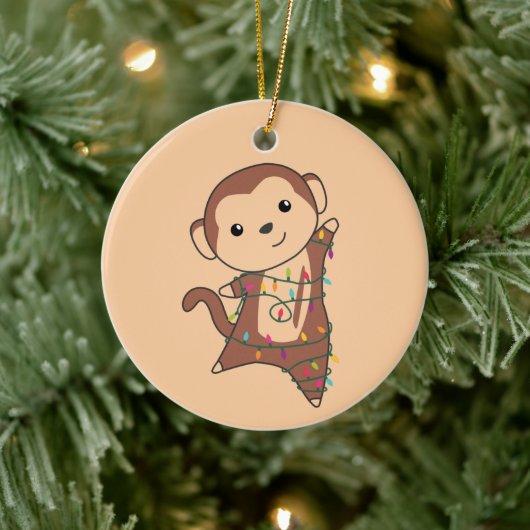 モンキークリスマススノーウィンターアニマルモンキーセラム セラミックオーナメント (ツリー)