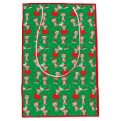 モンキークリスマスプレゼントパターングリーンレッド ミディアムペーパーバッグ (正面)