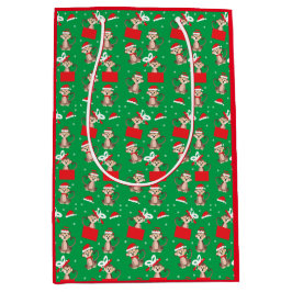 モンキークリスマスプレゼントパターングリーンレッド ミディアムペーパーバッグ