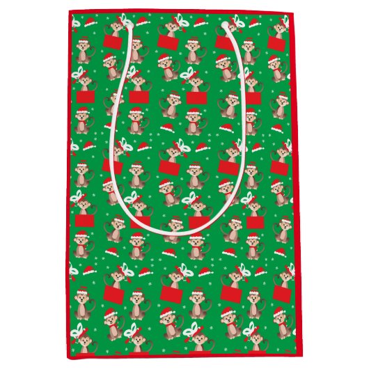 モンキークリスマスプレゼントパターングリーンレッド ミディアムペーパーバッグ (正面)