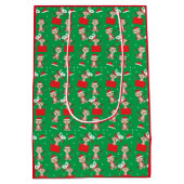 モンキークリスマスプレゼントパターングリーンレッド ミディアムペーパーバッグ (裏面)