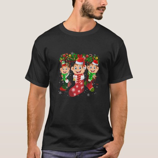 モンキーソックスおもしろいクリスマスファミリーパジャマスキリスト Tシャツ (正面)
