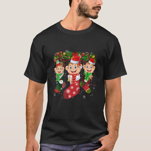 モンキーソックスクリスマスファミリーおもしろいパジャマキリスト Tシャツ (正面)