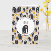 モンキーチンパンジー&パーソナライズされたバナナ誕生日 カード (黄色い花)