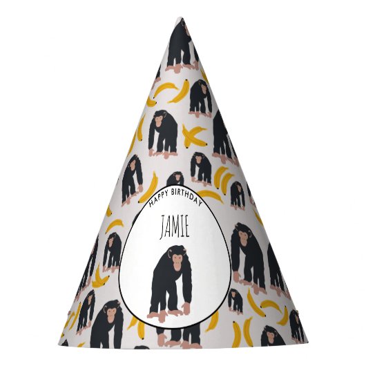 モンキーチンパンジー&パーソナライズされたバナナ誕生日 パーティーハット (正面)