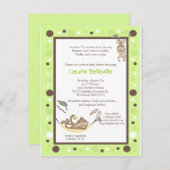 モンキービジネスグリーンブラウンドットベビーシャワー 招待状 (正面/裏面)
