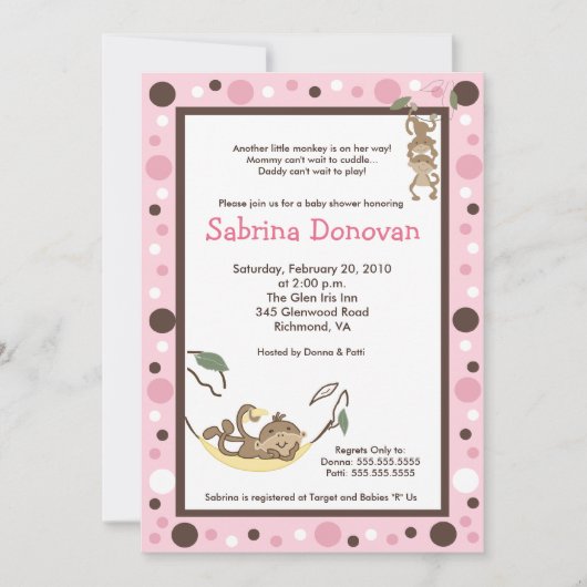 モンキービジネスモダントレンディーベビーシャワー5 x 7 招待状 (正面)