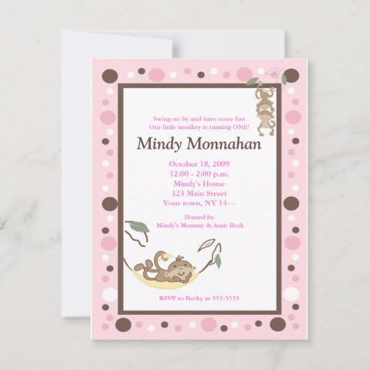モンキーピンクガーリーブラウントレンディー誕生日4.25 x 5.5 招待状 (正面)